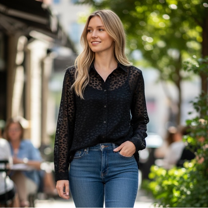 Reiss Sheer Black Velvet Burnout Button-Up Blouse